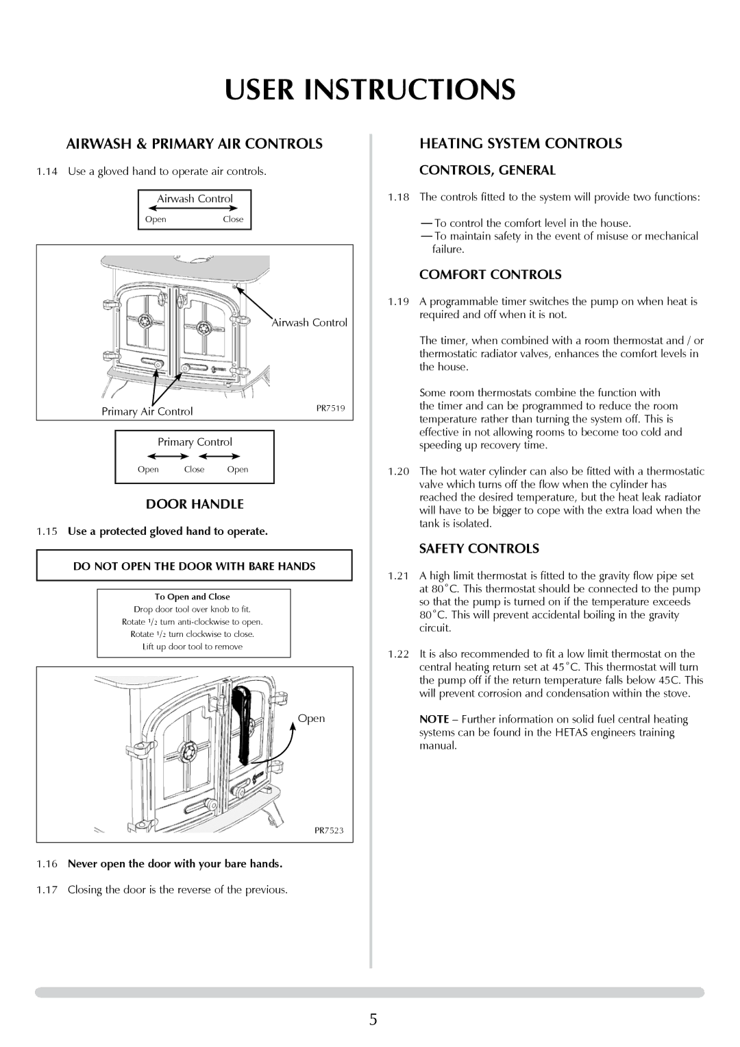 Yeoman DEVON 50 manual Airwash & Primary AIR CONTROLS, Heating System controls, Use a protected gloved hand to operate 